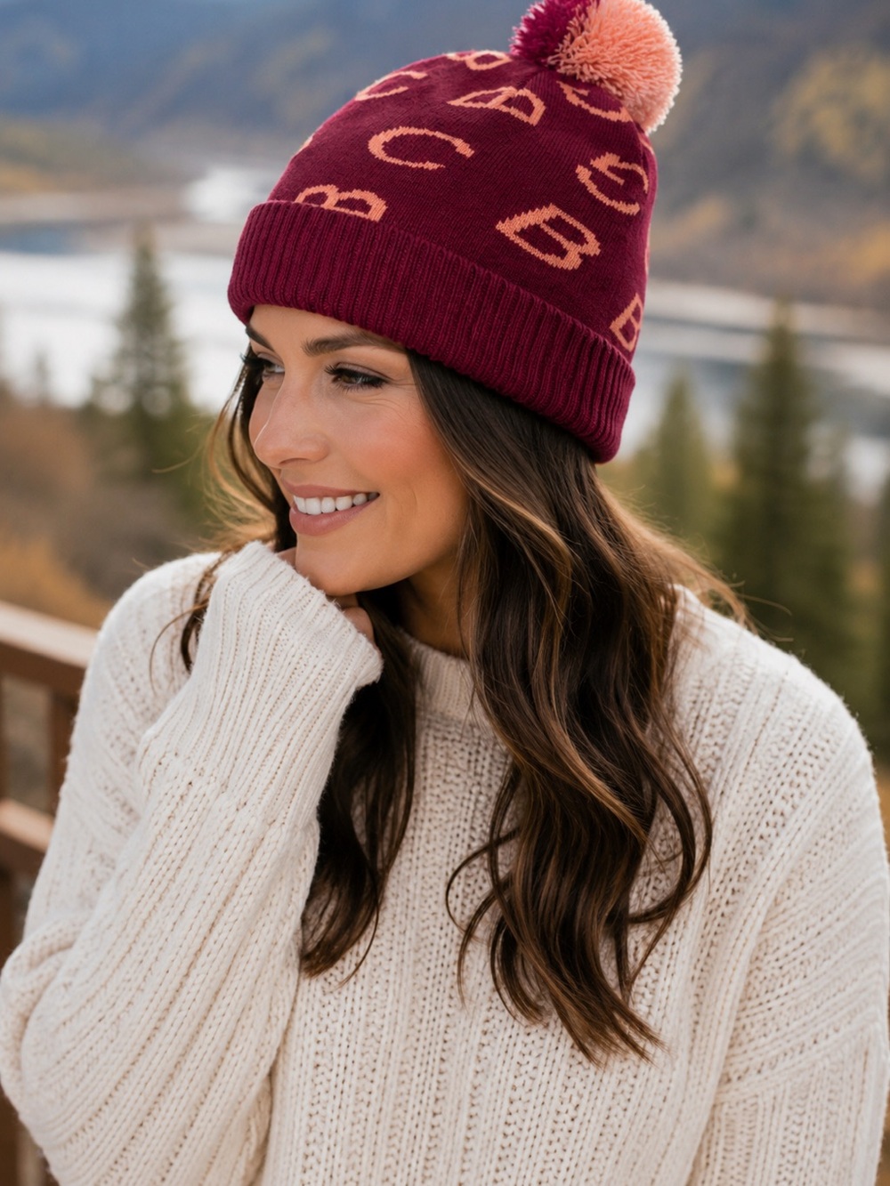BCBGeneration Womens Knit Logo‎ Beanie Pom Pom Burgundy Peach NWT